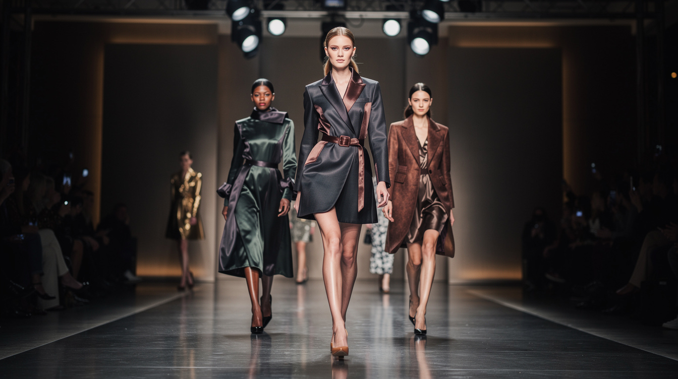 Fashion runway show with models under dramatic lighting