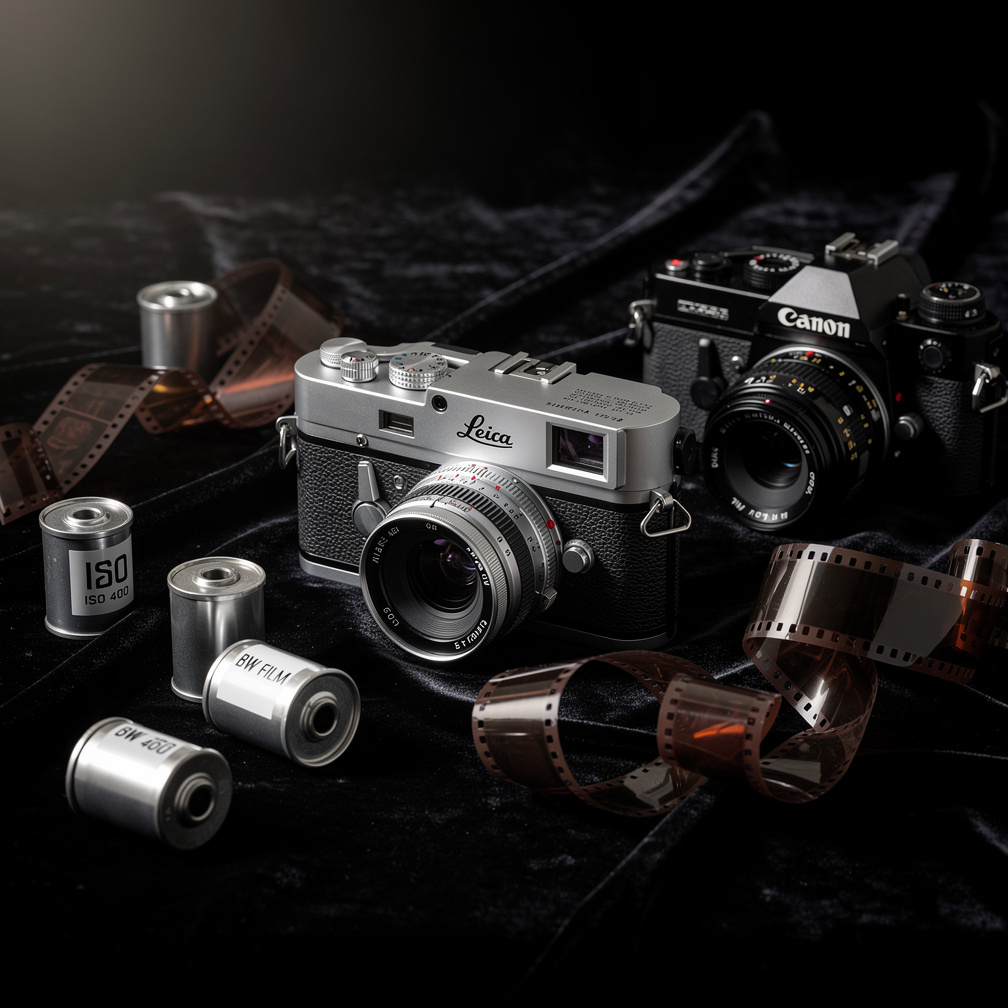 Still life of vintage cameras and rolls of film