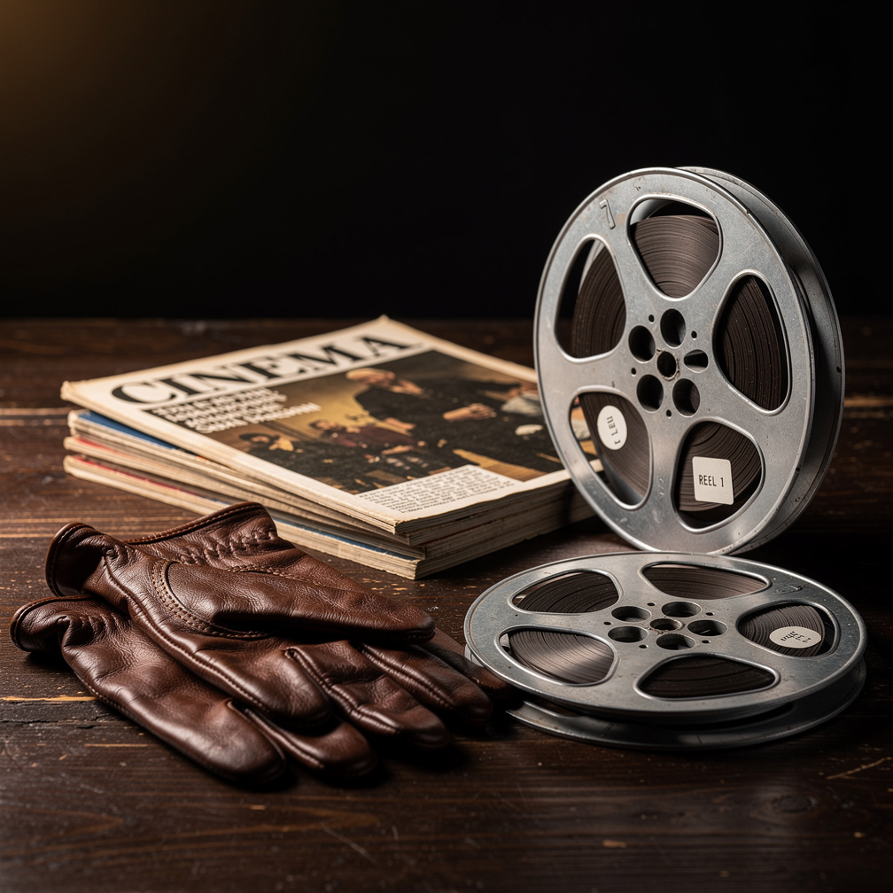 Curated still life of vintage magazines and film reels